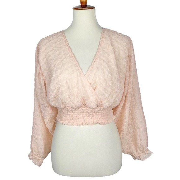 S Peach Love Cropped Surplice Smocked Deep V Neck Long Sleeve Peasant Blouse - Picture 1 of 6
